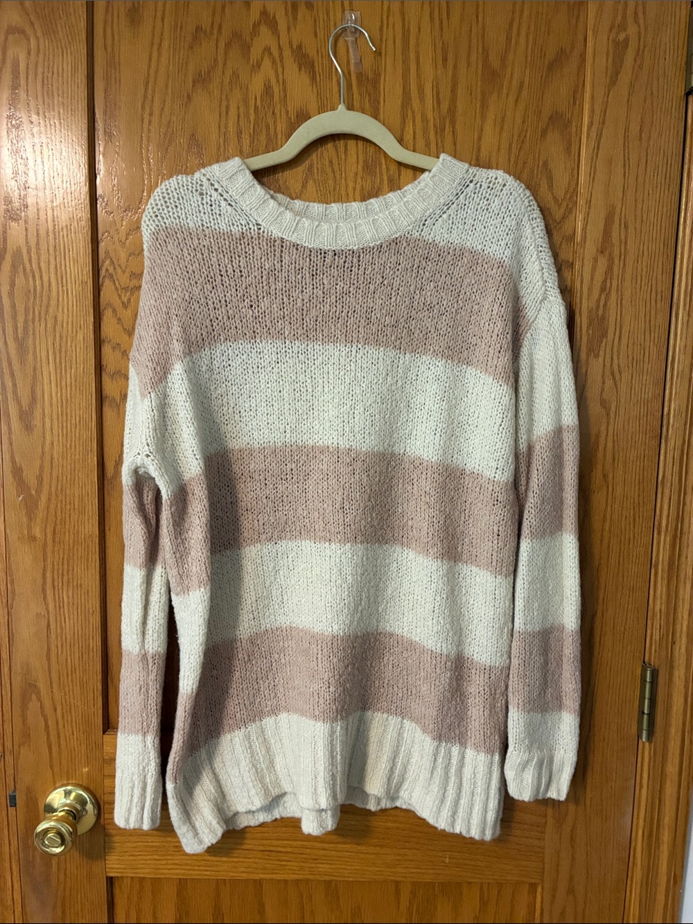 Cozy Striped Crewneck Sweater - Cream & Light Pink